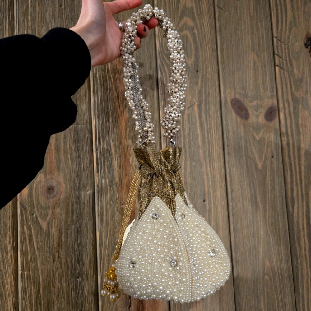 Pearl Beaded Cream Evening Drawstring Clutch